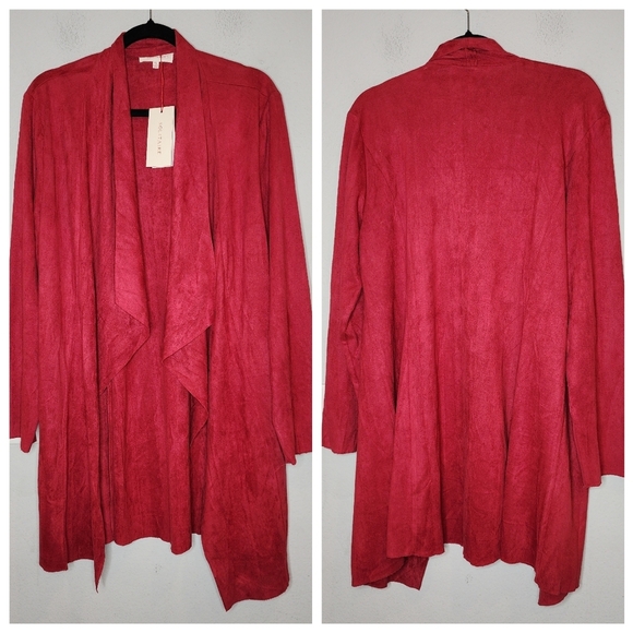 NWT Solitaire Faux Suede Red Cardigan Stretch Open Front Drape Size XL - Picture 12 of 14